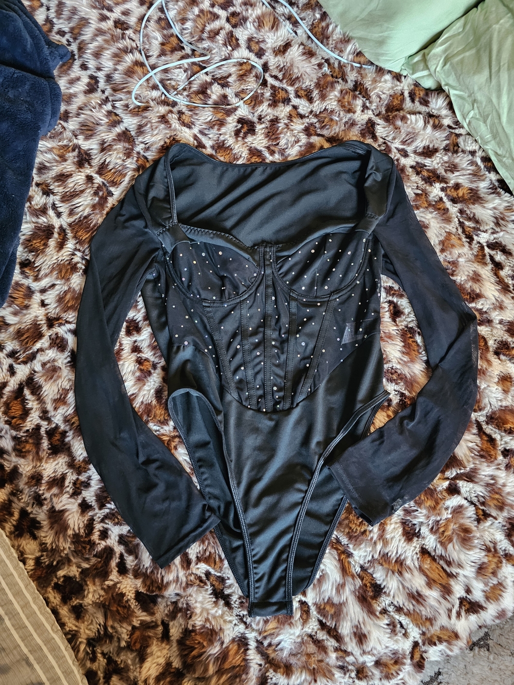 SHEIN Black Rhinestone-Embellished Long Sleeve Bodysuit